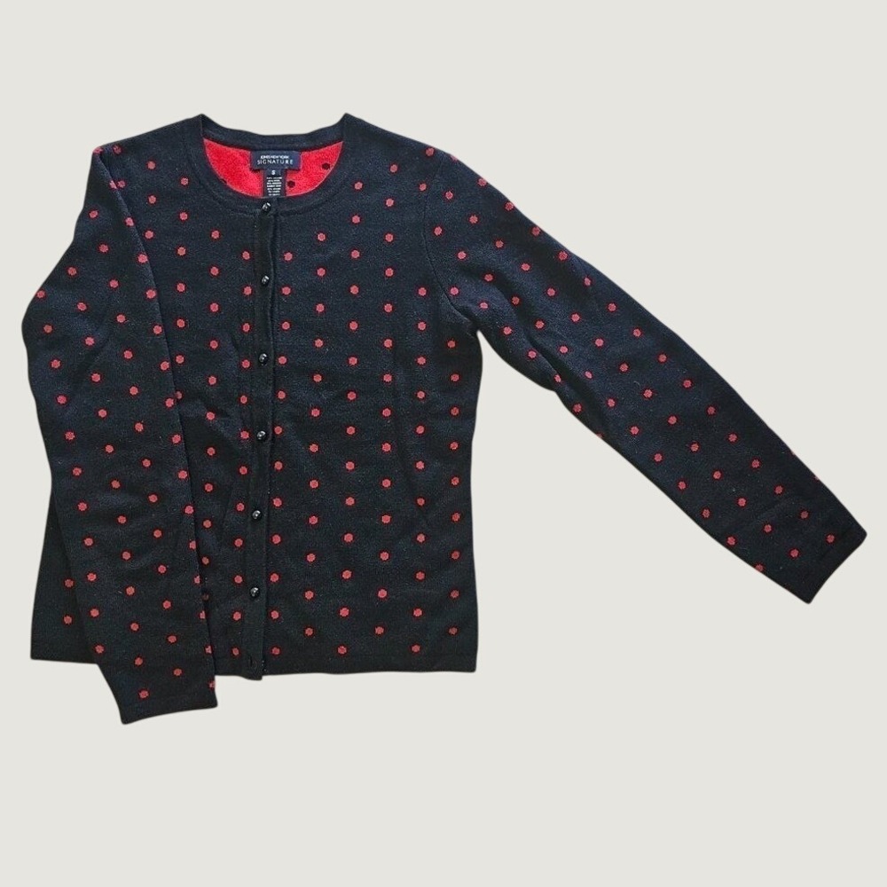 Jones New York Signature Cardigan Women S Black Red Polka Dot Wool Angora